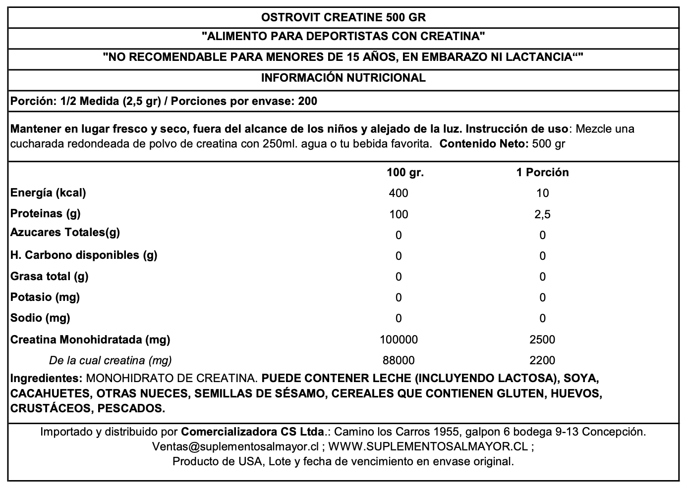 CREATINA MONOHIDRATADA 500 GR OSTROVIT